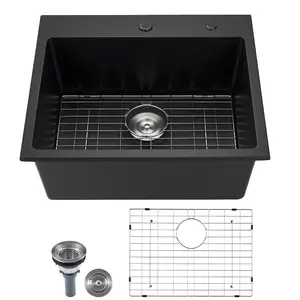 VEVOR 25 inch Kitchen Sink Workstation, Top Mount Granite Sinks, Drop-In Single Bowl Farmhouse Basin with Multiple Accessories, Household Dishwasher Sinks for RV, Prep Kitchen, and Bar (Black)