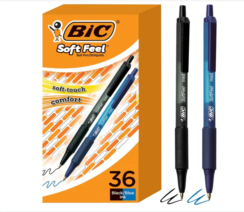 BIC Soft Feel Retractable Ballpoint Pen,1.0 mm Medium Point, Bulk School Supplies for Students and Teachers, No-Slip Grip, 36-Count in Black & Blue