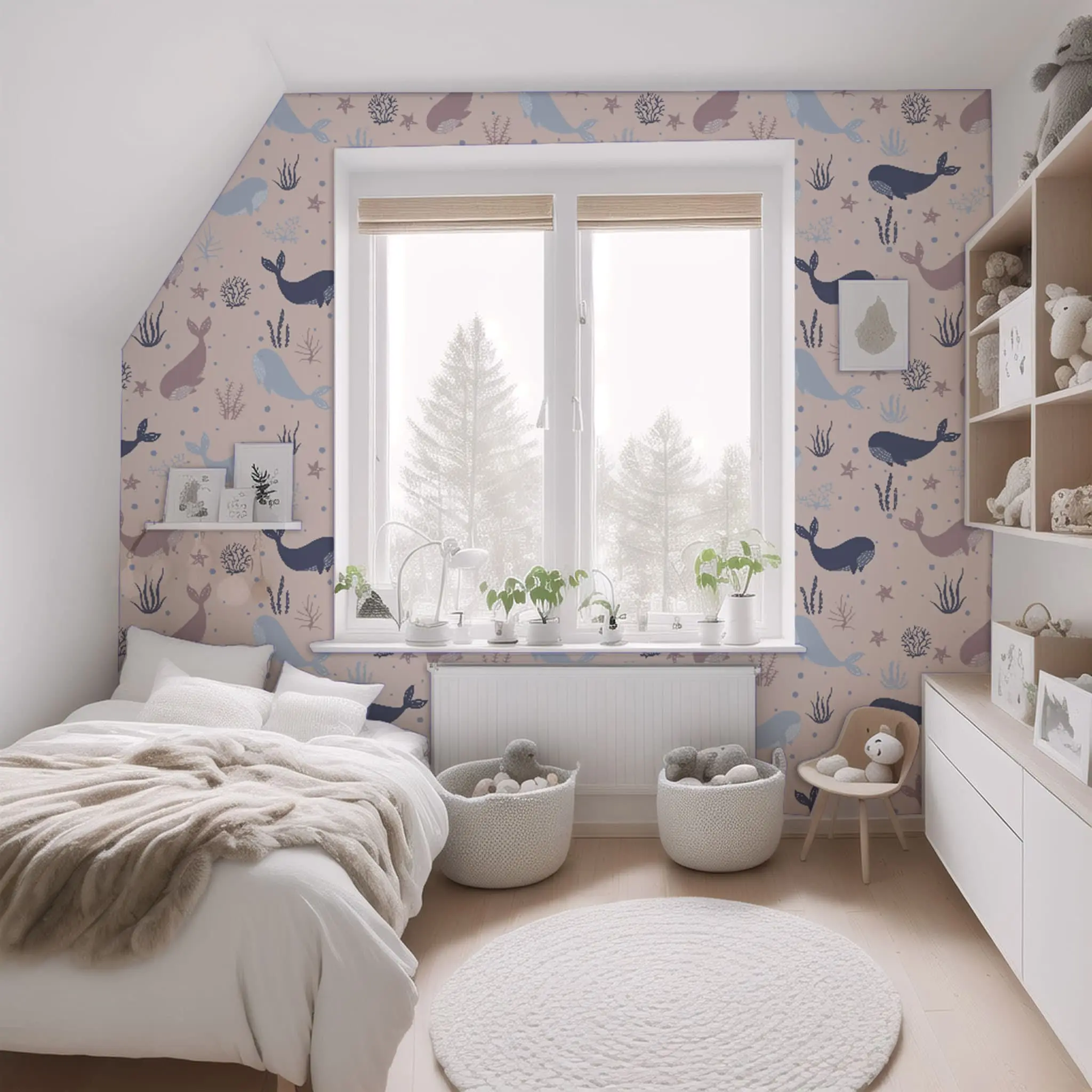 Whale Wallpaper, Nursery Room Decor, Girl Room Wallpaper, Peel and Stick, Nautical Wallpaper, Sea Mural