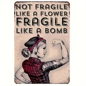 Tattoo Power Girl Fragile As A Bomb Metal Tin Sign, Vintage Metal Sign, Wall Decor for Home Garden Patio Yard Coffee Shop, Vintage Garage Signs