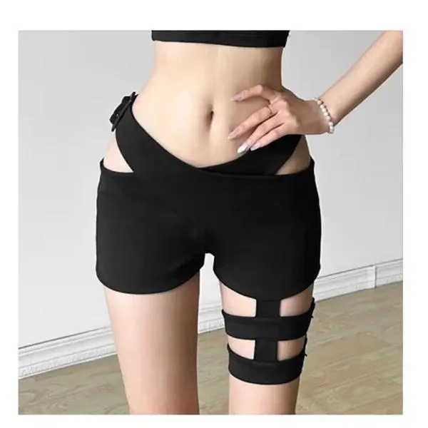 Women Cut‑Out Strappy Garter Design Shorts, High‑Stretch Bodycon Jazz Dance Shorts
