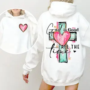 Holafish Women's Hand Drawn Cross Hoodie with God Is Good All The Time in Brushstroke Design a Soft Unisex Jesus Apparel for Faith and Comfort