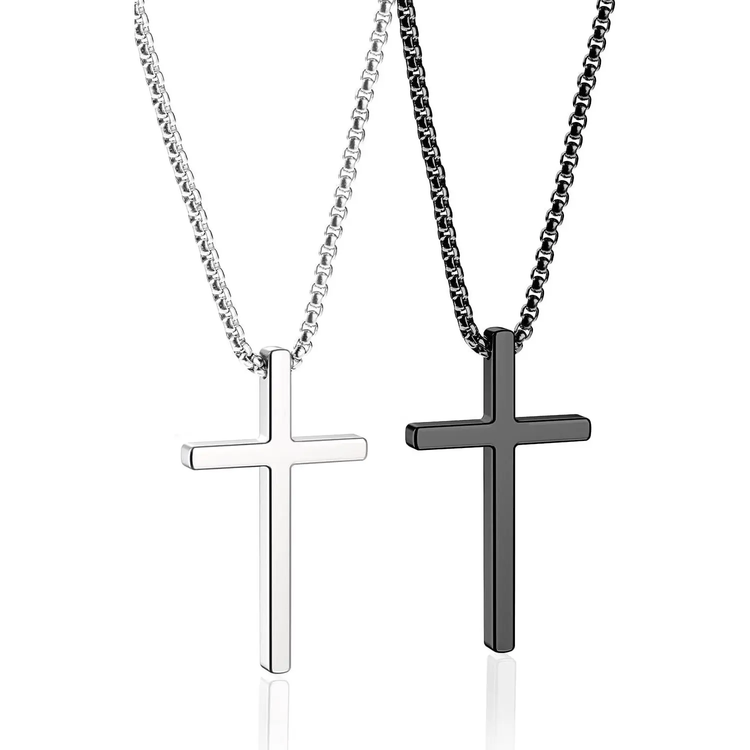 Romass 2 Pcs Cross Necklace for Men Boys,Stainless Steel Pendant Silver Black Crosses Chain Jewelry Gifts Box 16-30 inches