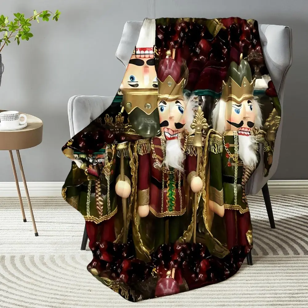Nutcracker Soldier Print Fleece Throw Blanket Red Green Gold Christmas Holiday Decor Living Room Bedroom Sofa Bed Cozy Soft Warm