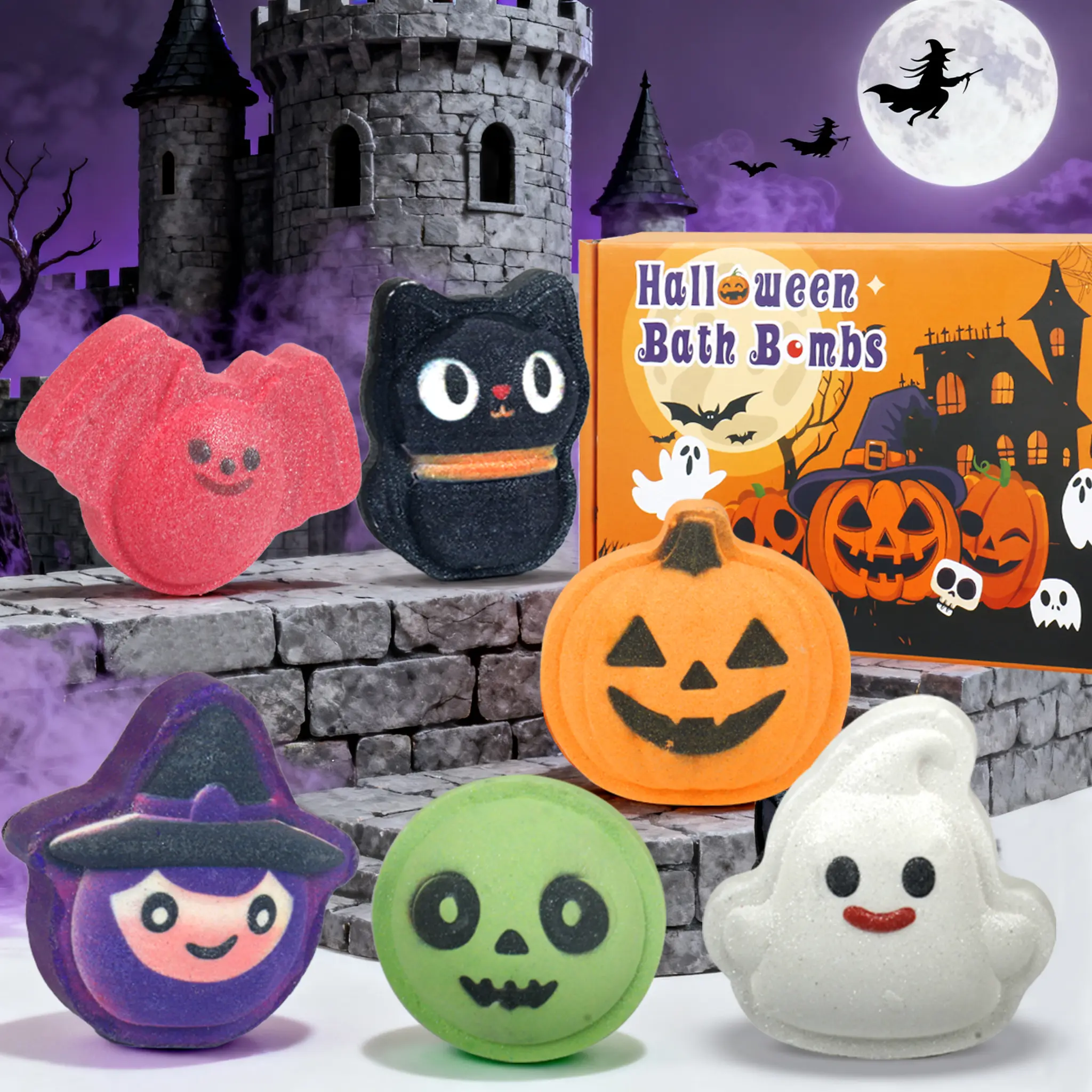 Halloween Bath Bombs Gift Set – 6 Fun Fizzing Bath Bombs for Kids & Women – Witch, Ghost, Skull, Black Cat, Bat & Pumpkin – Perfect Halloween Party Favors, Spa Fun, Relaxing Bath Time, Cute & Colorful Halloween Gifts