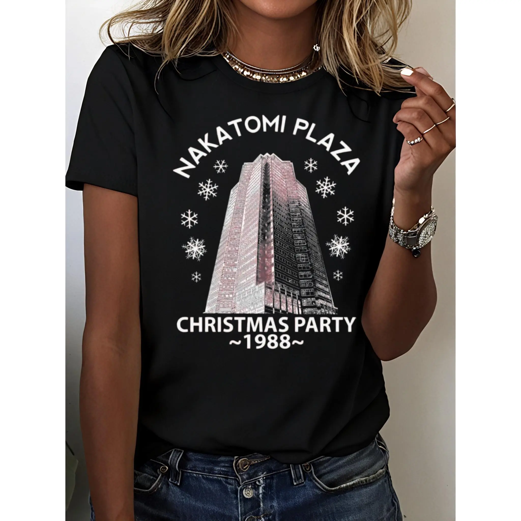 Women's Die Hard Christmas Party T-Shirt Nakatomi Plaza 1988 Crew Neck Short Sleeve 100% Cotton Tops Womenswear Black Crewneck Shortsleeve shirts women clothing vintage graphic tees women's shirts women's graphic tees