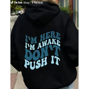 Cozy Women's Drawstring Hoodie with Letter Print, Kangaroo Pocket and Drop Shoulder for Holiday Outdoor Activities