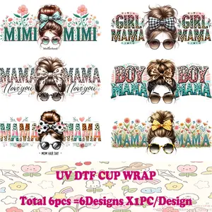 16oz Glass Cup UV DTF Sticker Set, 6 Mom Theme Transfer Papers, Self-Confidence Quotes, 3D Flower Design, DIY Gift Customization