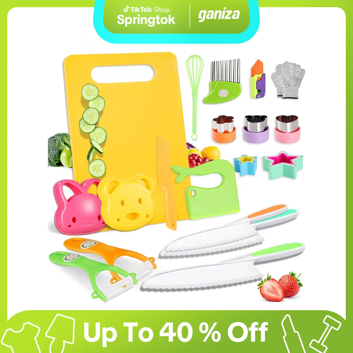 #Springtok#Ganiza Kids Knife Set for Real Cooking, Montessori Toddlers Kitchen Tools with Cutting Board, Crinkle, Sandwich Cutters, Peelers, All 23 Pc