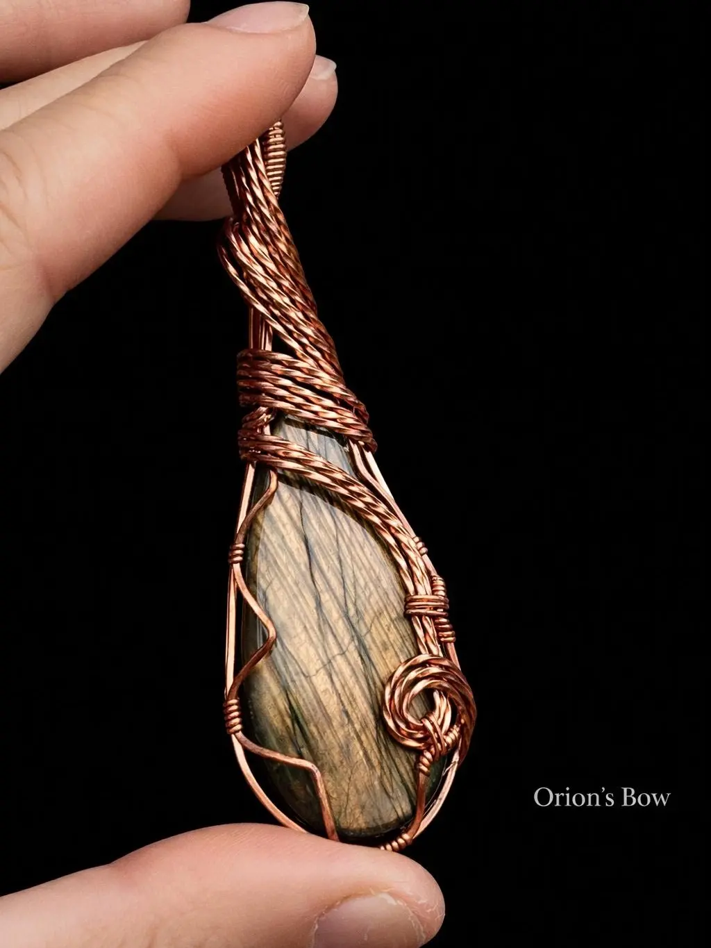 Wire Wrapped Labradorite Necklace Golden Orange & Yellow  Flash Pendant, Handmade Copper, 20in Faux Leather Chain Gift