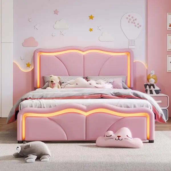Twin Size PU Leather Wooden Storage Bed Frame with Curved Height-Adjustable Headboard, LED Light Strips, Pink - for Child, Adults