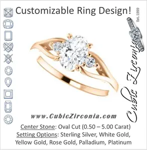 Cubic Zirconia Engagement Ring- The Willie Jo (Customizable 3-stone Oval Cut Design with Small Round Cut Accents and Decorative Cathedral Trellis)