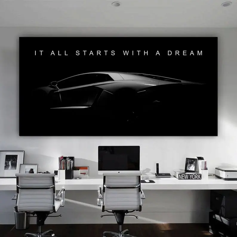 It All Starts With A Dream Motivational Wall Art Lamborghini Poster Modern Office Decor Landscape Success Mindset Print