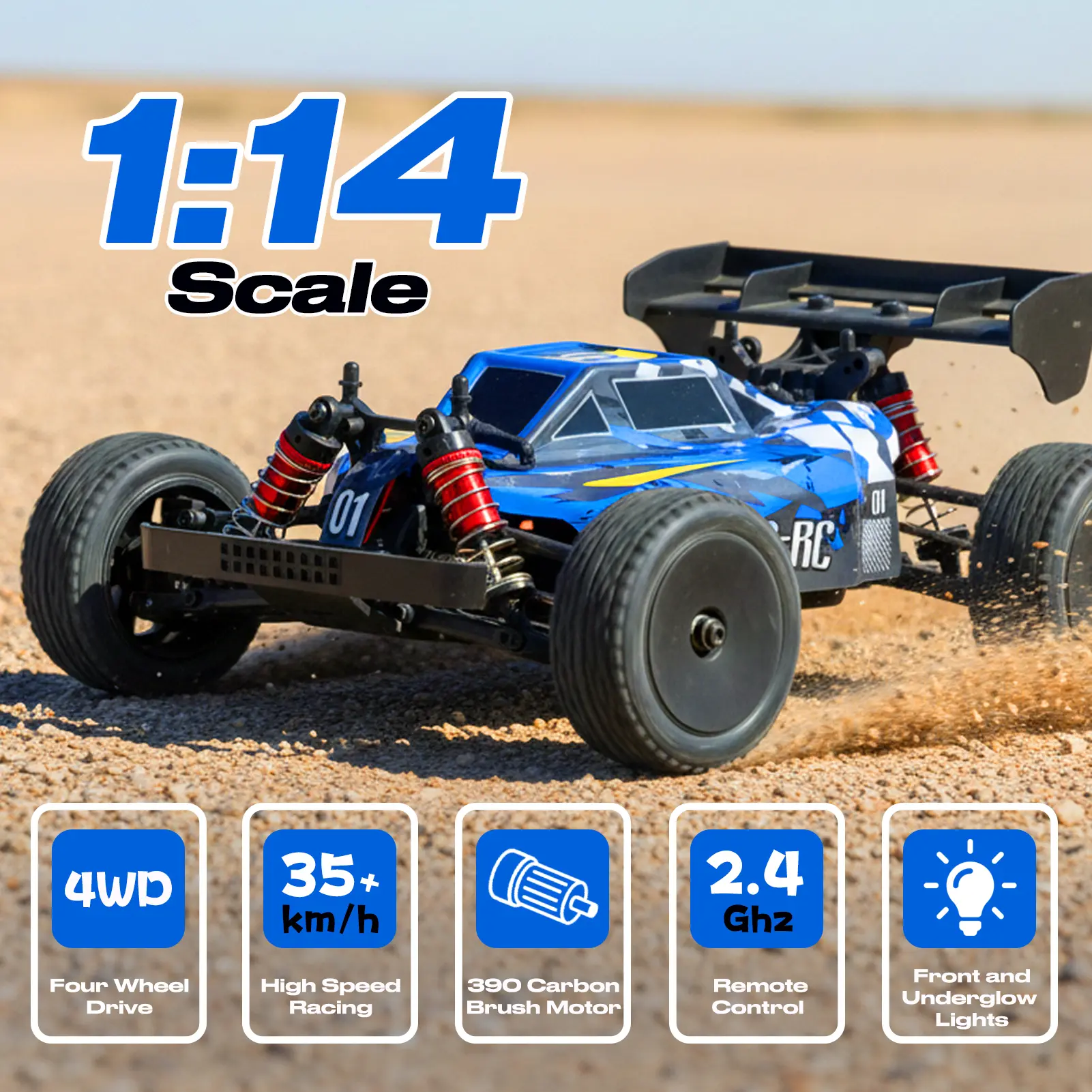 Unisex 1:14 Scale 4WD High-Speed Off-Road RC Car - 35KPH, 7.4V 1200mAh Built-in Li-ion Battery, Full Proportional Control, 2.4GHz Radio System, LED Light Kit, Independent Suspension, All-Terrain Radio-Controlled Cars for Ages 12+, Rc Cars