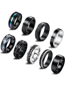 9 Pcs Black Vintage Thumb Ring Set for Women Men, Stainless Steel Rings, 304 Stainless Steel Unisex Jewelry Multi-style Designs Streamlined Modern Cuts Classic Vintage Texture Durable Build Sweat-proof Comfortable Fit for Fingers Thumbs in Daily Wear
