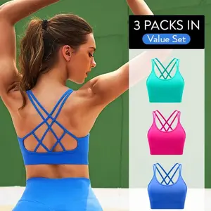 RUNNING GIRL Sports Bras for Women Pack Criss Cross Back Sexy Strappy Sports Bra Seamless Padded Yoga Bra with Removable Cups