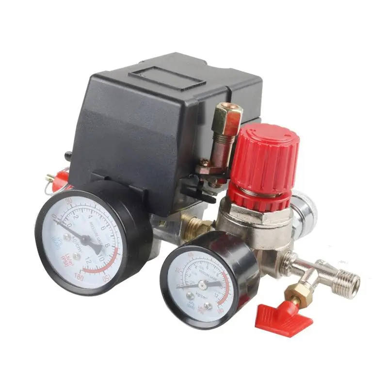 Air Compressor Pressure Switch with Valve Control Regulators, Pressure Gauge, 90-120 PSI 4-Port Safety Valve Functional Tool with Metal Parts for Cycling Leisure & Outdoor Recreation Equipment