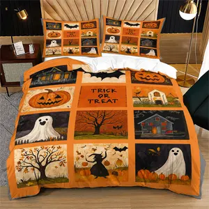 Halloween retro patchwork print bedding set, 2/3 piece set includes 1 zipper quilt cover and 1/2 pillowcase, retro atmosphere bedroom decoration