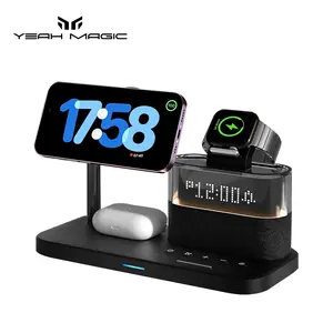 5-in-1 Wireless Charging Station - 23W Fast Charger, Mobile Tech Gadget with Alarm Clock, LED Night Light, Charging Stand Charger for iPhone, AirPods, iWatch, Tech Gadgets