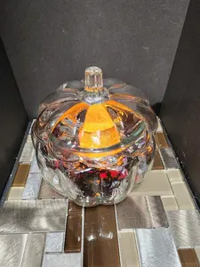 Vntg. Anchor Hocking  Glass Pumpkin Jar Halloween Fall Cookie Candy Decor