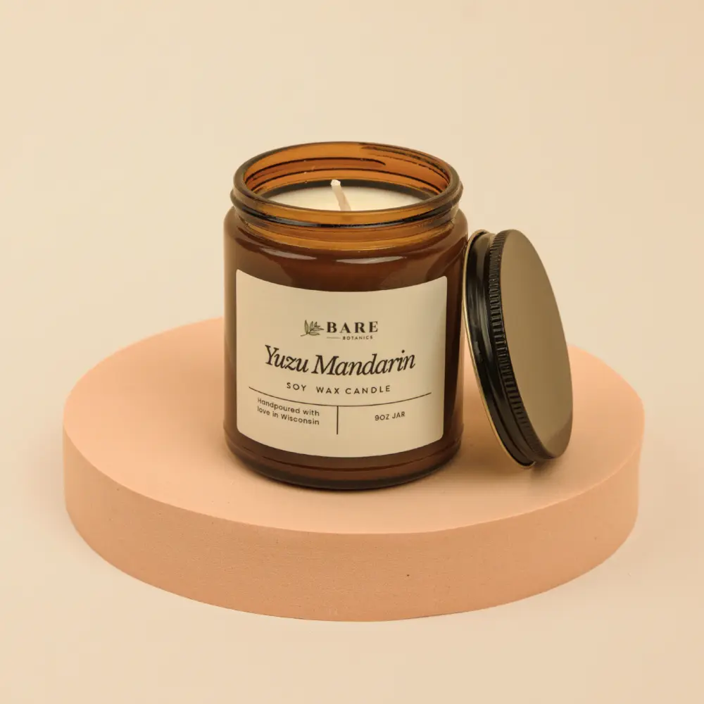 Bare Botanics 100% Plant-Based Soy Candle 9 oz Yuzu Mandarin, Non-Toxic Candle, Using plant-based Fragrance Oils, Handpoured with 40+ Hours Burn Time