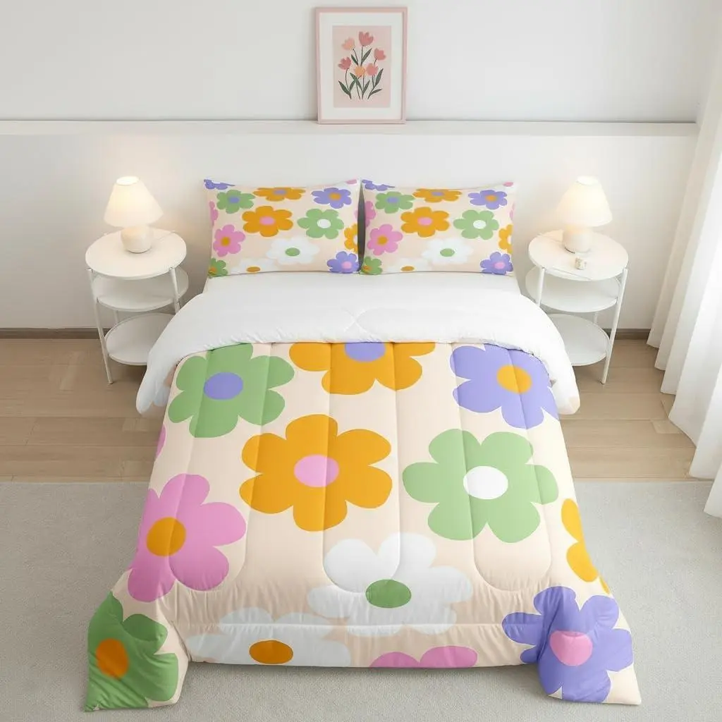 70s Groovy Down Comforter Set,Retro Daisy Flowers Duvet/Quilt Set,Soft Bed Collection,Rustic Farmhouse Style Colorful Bedding Comforter for Boys Girls Bedroom