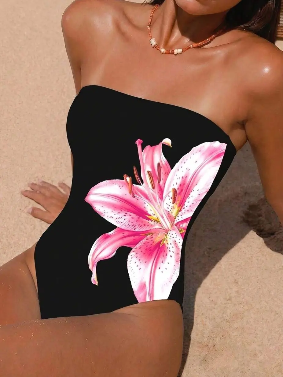 Women's Black Strapless Bandeau One-Piece Swimsuit | Bold Pink Lily Floral Graphic Print Monokini | Tropical Beach Vacation Bathing Suit