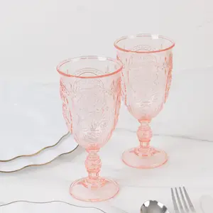 24-Pack Plastic Vintage Goblets – 10oz Transparent Blush Retro Embossed Wine Glasses, Elegant Water & Juice Cups - 7" Tall