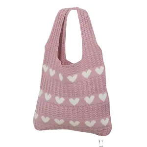 Elegant Geometric Heart Pattern Crochet Tote Bag - Unlined, Foldable, Machine Washable, Ideal for Shopping, Travel, Beach, Halloween Gifts