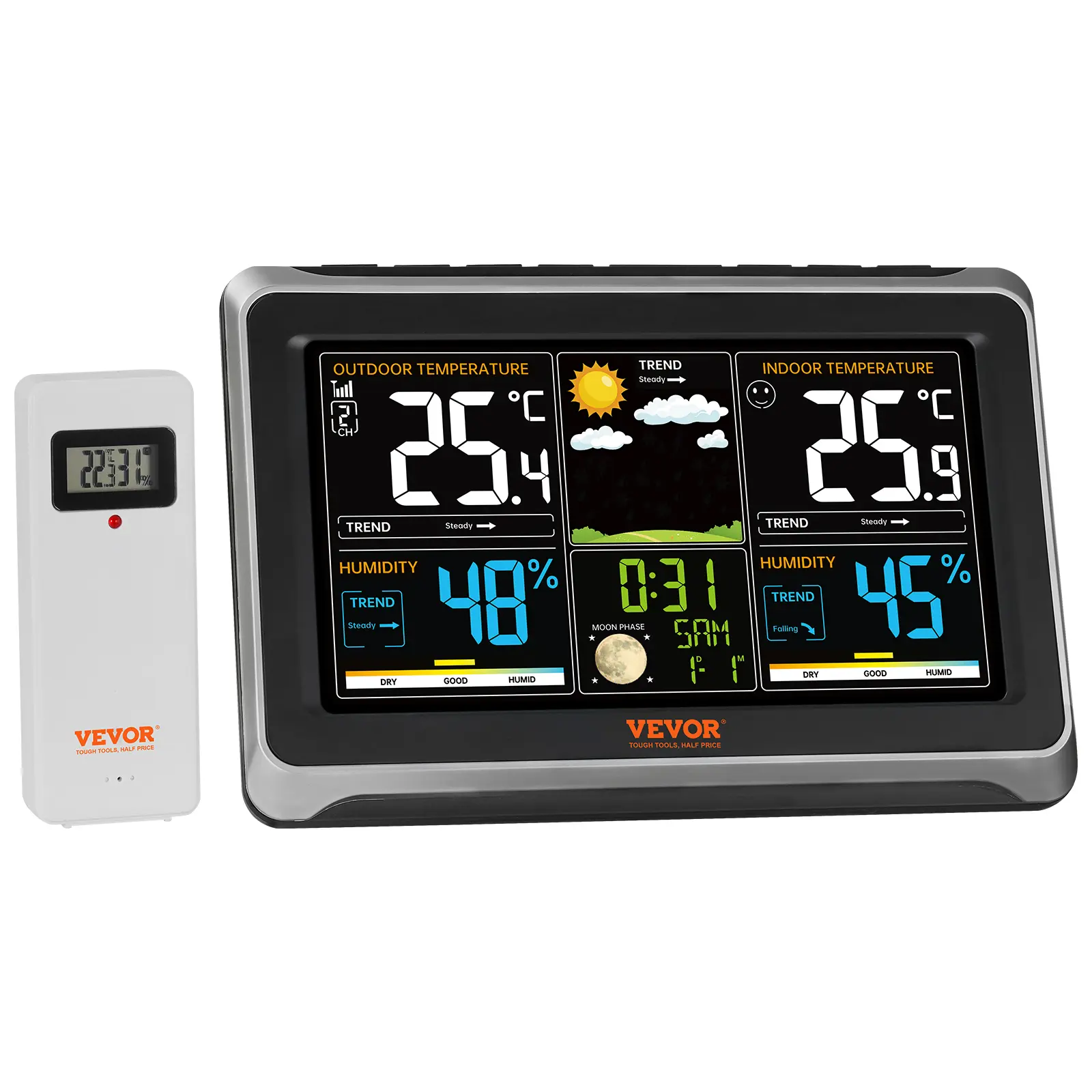 VEVOR Wireless Digital Weather Station with LCD Thermometer, 7.5 in Large Color Display, Atomic Clock, Adjustable Backlight, Forecast Data, Calendar, Alarm Alert, Father's Day Gift, Tech Gadget for Temperature Measurement