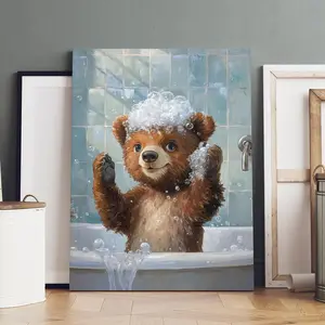 Wooden Framed Canvas Painting, Cute Bear's Bubbly Bath Fun Poster, Modern Art, Fashion Decoration, Living Room Bedroom Decoration, Hallway Office Mural, Wall