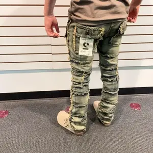 Men's Stacked Flare Jeans with Distressed Design and design all over around jeans.