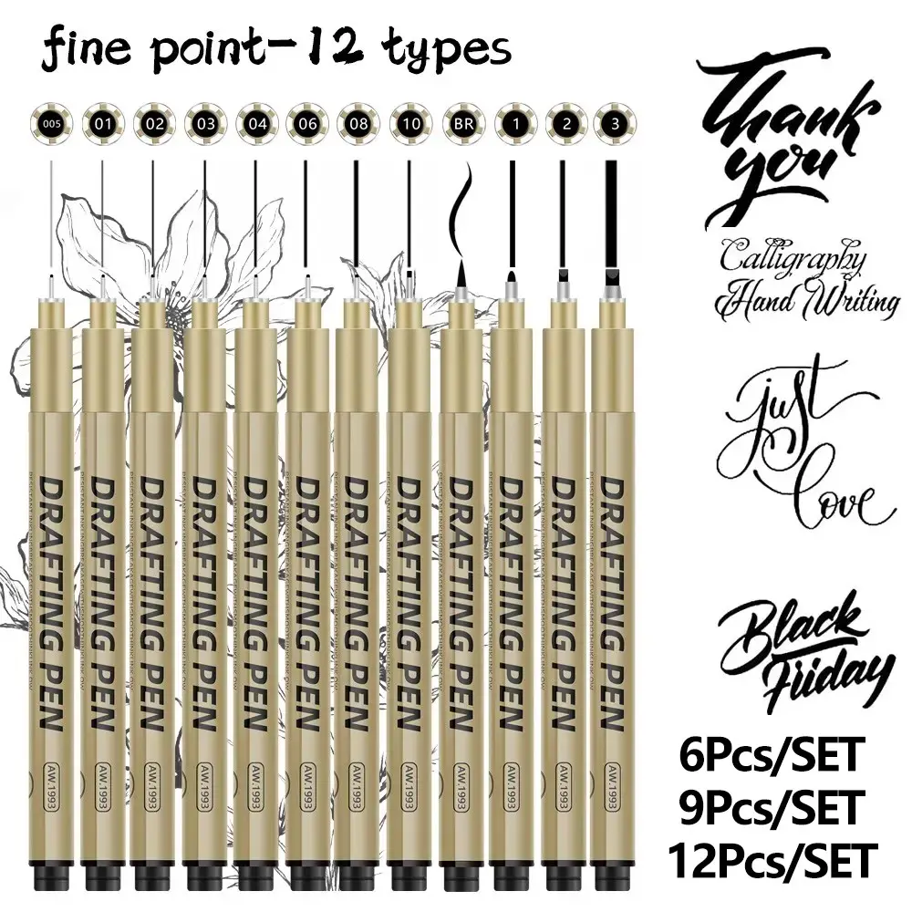Waterproof Sketching Pen, 6/9/12pcs Art Drawing Pen, Professional Drawing Pen for Students, Art Supplies for Home School Office, Art Materials
