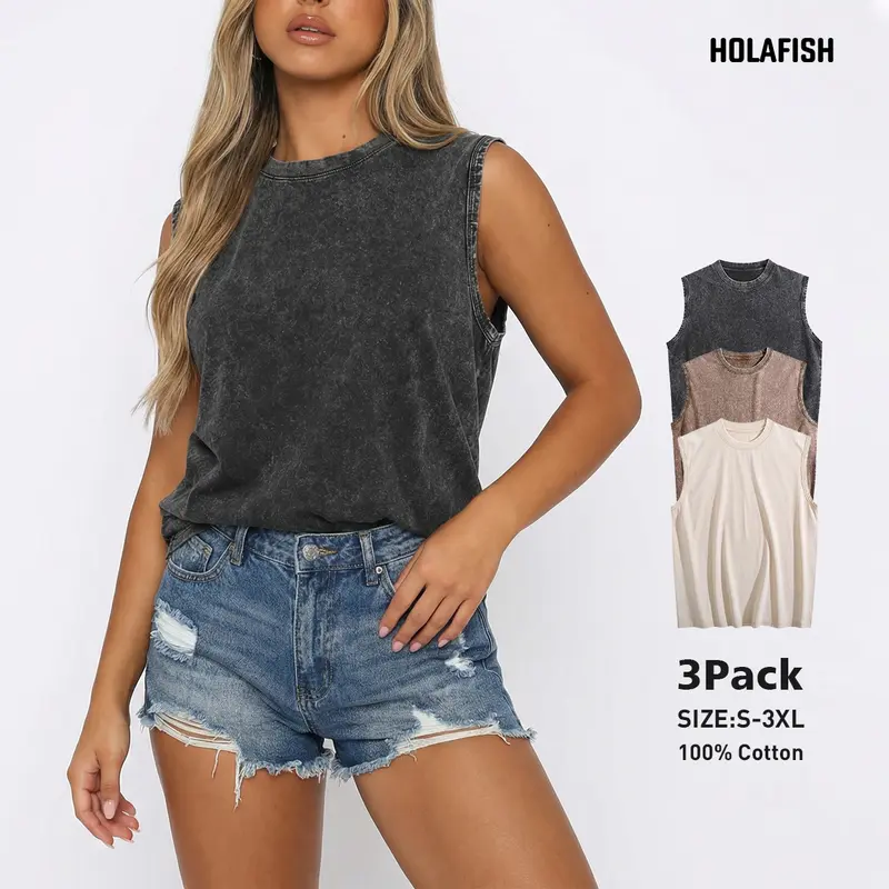 Holafish Women's 3-Pack Vintage 100% Cotton Acid Wash Faded Tank Tops - Comfy Minimalist Basic, Loose-Fit Crew Neck, Sleeveless Flowy Casual Tops for Summer Outfits