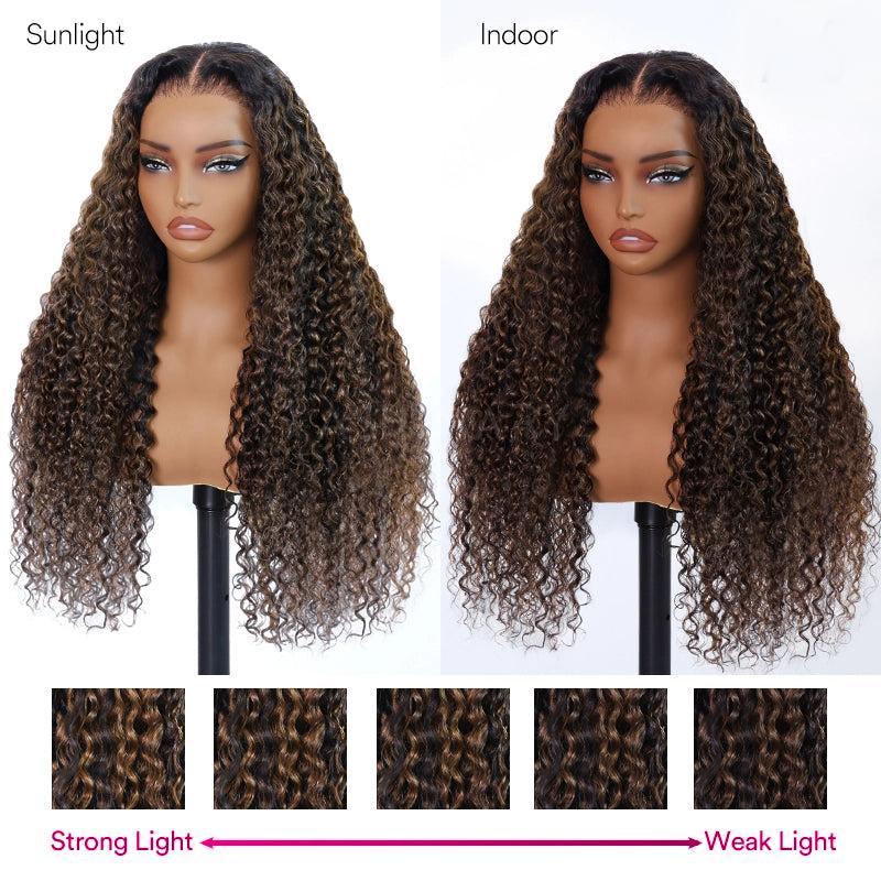 Female Human Hair 360 Lace No Glue Fluffy Wave Wig, Brown Balayage Highlights, 180% Density, Pre-Cut HD Skin Lace, Invisible Adjustable Strap Fit, Length 22 Inch, Daily Wear