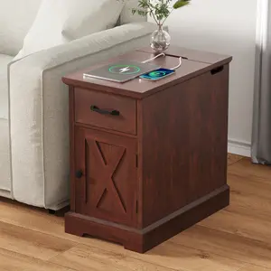 HOMMPA Farmhouse End Table with Charging Station, 23.6'' Rustic End Table w/Barn Door, Wood Sofa Side Table Bedside Table w/Storage Cabinet for Living Room, Roman Column Design, Maroon Brown