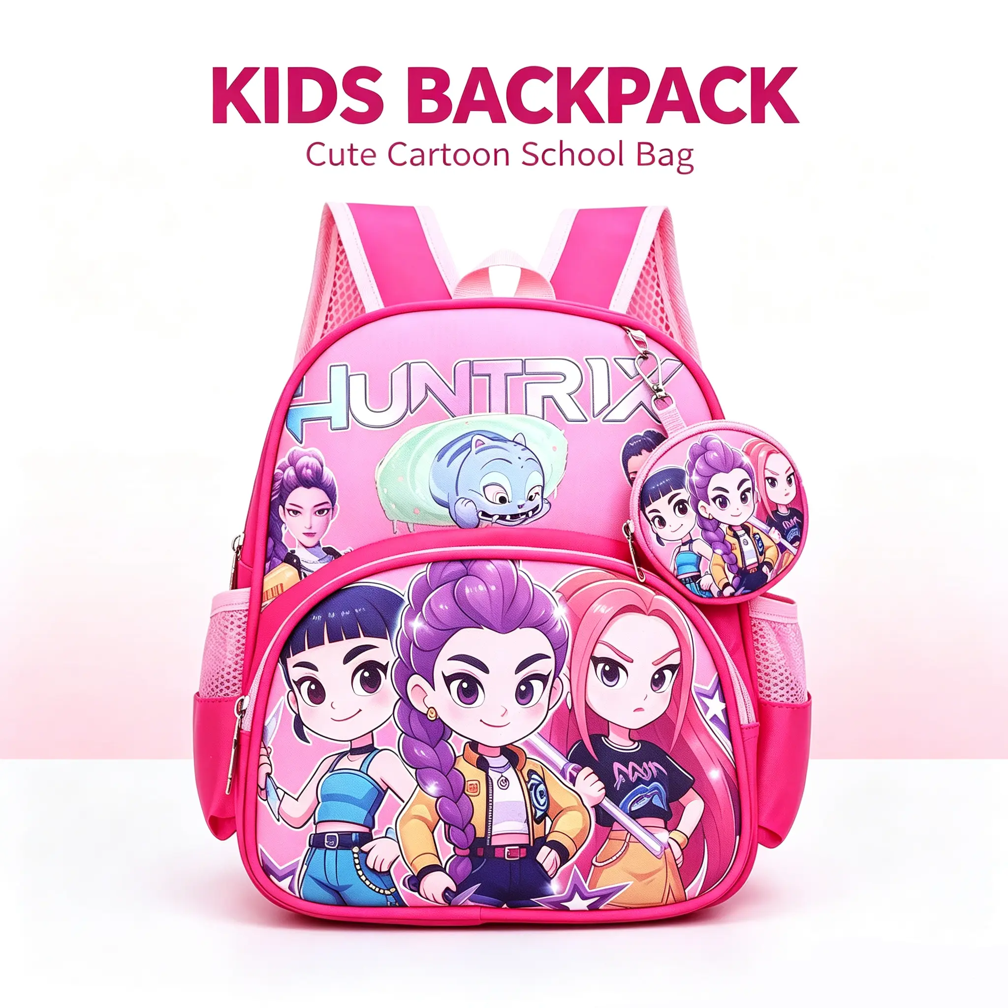 Cartoon K-Pop Devil Hunter Backpack (with coin purse) – Back-to-school essential, breathable and lightweight, perfect for school, travel, and a great gift for kids.