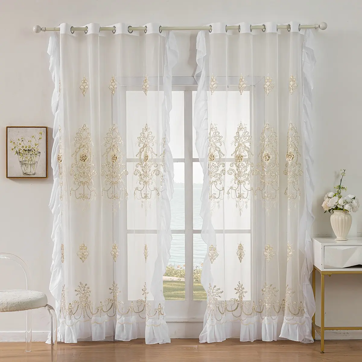 Elegant French Embroidered Ruffle Curtain with Pearl Decor, Soft Sheer Fabric, Perfect for Living Room and Bedroom, Romantic Light-Permeable Drapes