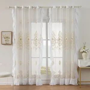 Elegant French Embroidered Ruffle Curtain with Pearl Decor, Soft Sheer Fabric, Perfect for Living Room and Bedroom, Romantic Light-Permeable Drapes