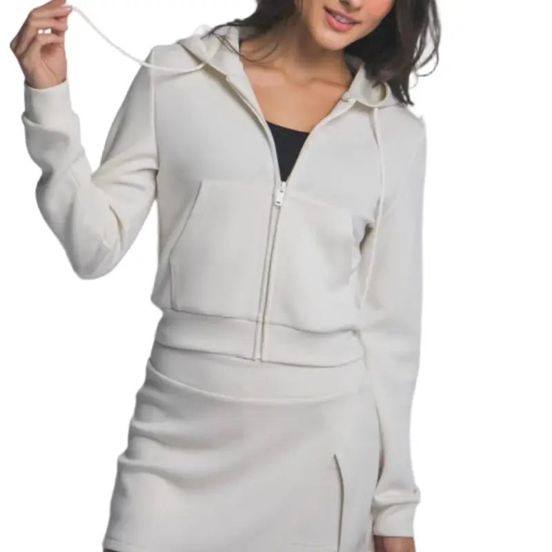 Tabitha Sweater -Fabric 56% POLYESTER, 39% RAYON, 5% SPANDEX FEATURES: - Full Zip Closure, Drawstring Hood & Kangaroo Pocket * Buttery Soft Loungewear * SIZE + FIT - Model is 5'9" 32C bust, 26" waist, and 36" hips. - Model