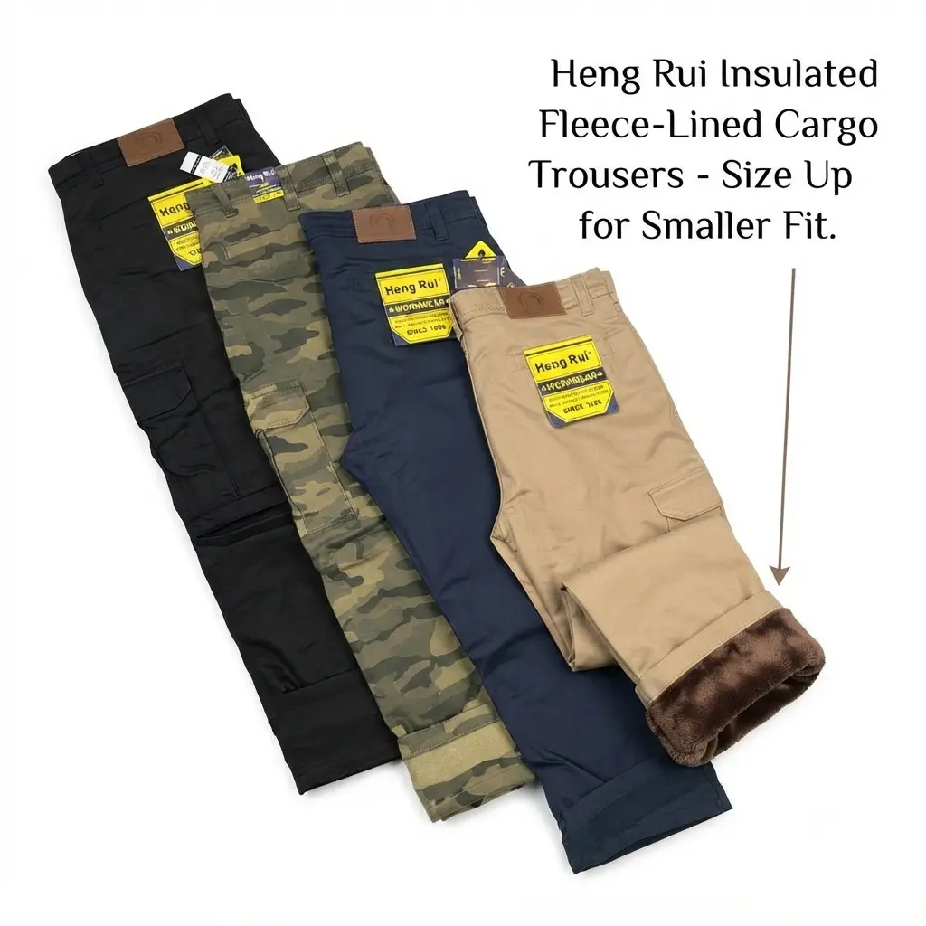 Heng Rui Men's Warm Fleece-Lined Cargo Pants in Plain Stretch Cotton for Winter Work & Casual Menswear, Stylish, All Purpose Pants, Casual Comfy Trouser, Button, Mid Waist, Fitted Cut, Cargo Pockets, All Seasons, Basic Look, Beware Pants Run Small