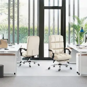 Executive Office Chair with Footrest & Soft Velvet Upholstery - Beige Comfortable Design for Home Office & Professional Use