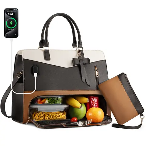 Sleek Laptop Tote Bag for Women - 15.6 in PU Leather Briefcase with Spillsafe Insulated Lunch Compartment, Leakproof Pocket, Convertible Work Handbag for Office, Christmas Gift, Sleek Laptop Bags, Spillsafe Lunch