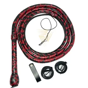 Genuine Cowhide Leather Bullwhip Red Black Hand Braided Whip Indiana Jones Styles 6 to 14ft Durable Two-Tone Whip for Collectors Performers