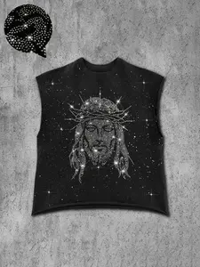 Men's Summer Rhinestone Sleeveless Round Neck Top, Graphic Jesus Starry Sky Sparkle Print, Loose Fit, Casual Daily Wear, Perfect for Parties