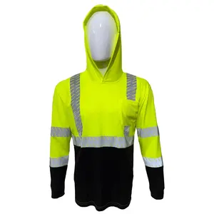 Hi Visibility Yellow Long Sleeve Hoodie Shirt with Heat Transfer Reflector Polyester Birdeye Fabric for Quick Dry Hi Vis Reflective Shirt for Men Outdoor Work Activities