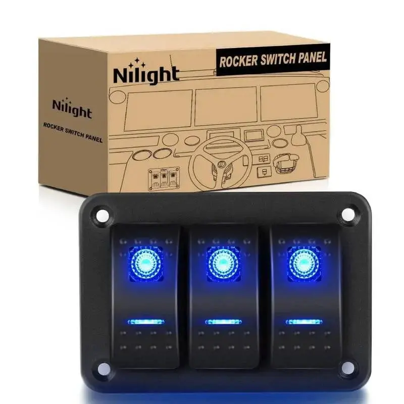 Nilight Prewired Metal 3-Gang 5-Pin ON/OFF Rocker Switch Panel (3.8in x 2.6in x 3.4in) with Blue Indicator Light, Wiring Harness, Nightglow Feature, DIY Stickers, 50 Patterns for Truck, Ship Vehicles