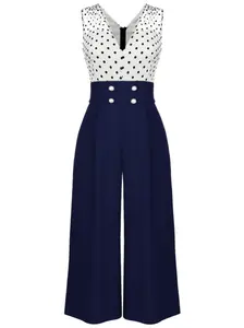 RETRO STAGE Women's Plus Size Clothing 1930s Retro Polyester Sleeveless Dark Blue Polka Dot Patchwork Ankle-Length Jumpsuit with Back Zipper