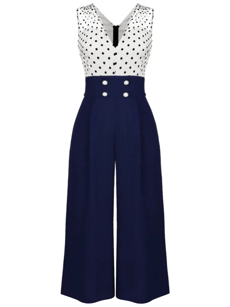 RETRO STAGE Plus Size Retro Polka Dot Patchwork Jumpsuit, Sleeveless Ankle-Length with Slight Stretch for 4th of July, Plus Size Clothes, Women's Clothes, Polyester, Zipper BackToSchool Sohochic Fall Dresses Fall outfits Fall fashion
