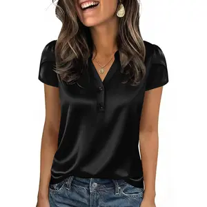 Yousify Women Satin Blouse for Women Business Work Tops Casual Cap Sleeve V Neck Button Down Shirts